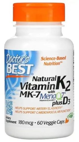 Doctors Best Natural Vitamin K2 MK7 with MenaQ7 plus D-3 180mcg 60 Capsules 60 Kapszula