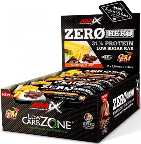 AMIX Karton Low-Carb ZeroHero 31% Protein Low Sugar Bar 15x65g Orange Blast (Narancs)
