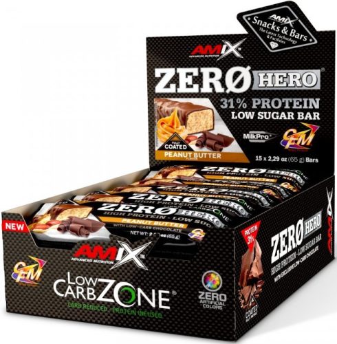 AMIX Karton Low-Carb ZeroHero 31% Protein Low Sugar Bar 15x65g Peanut Butter (Mogyoróvaj)