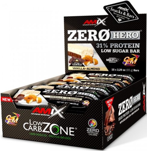 AMIX Karton Low-Carb ZeroHero 31% Protein Low Sugar Bar 15x65g Vanilla Almond (Vanília Mandula) EXP.:2025/08/01
