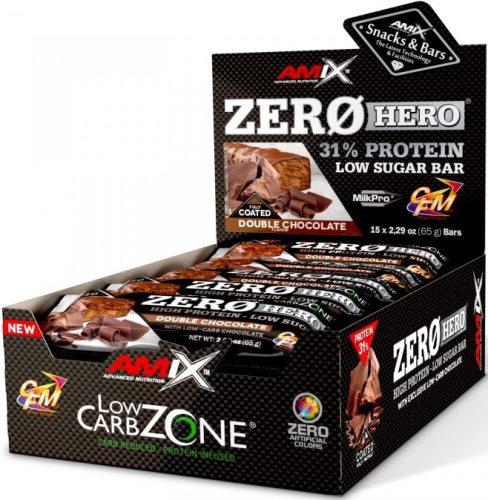 AMIX Karton Low-Carb ZeroHero 31% Protein Low Sugar Bar 15x65g Double Chocolate (Csokoládé)