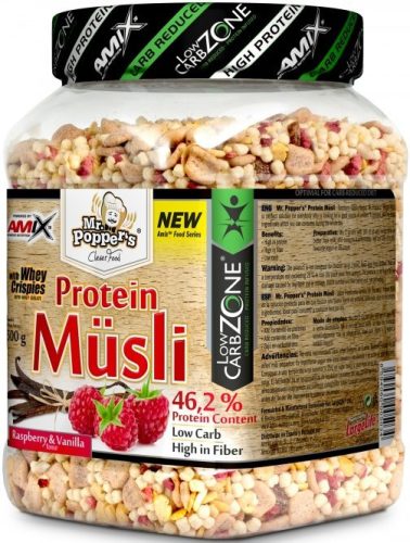 AMIX Mr. Poppers LowCarb Protein Müsli With Whey Crispies 500g Raspberry Vanilla (Málna Vanília) EXP.:2025/06/30